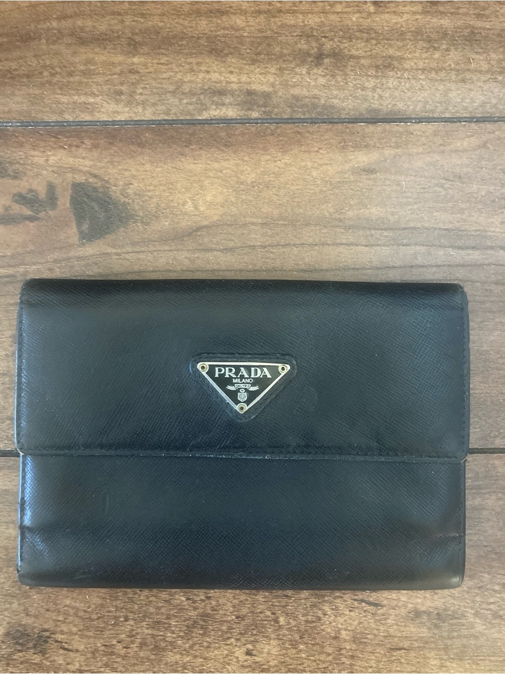 Prada 90 s Black Leather  Bifold Wallet with Triangle Logo